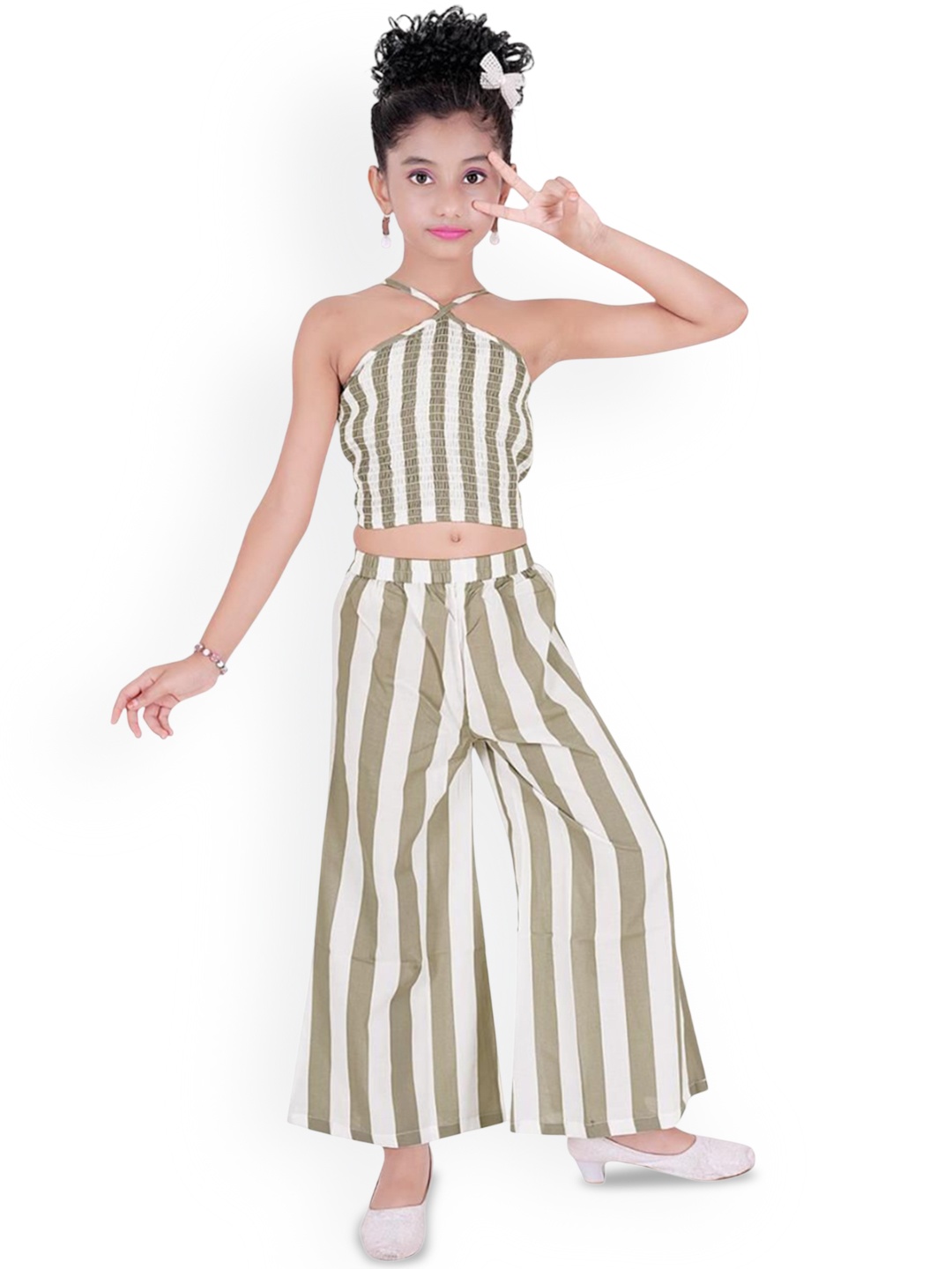 

YK Girls Striped Sleeveless Top & Trouser Clothing Set, Green