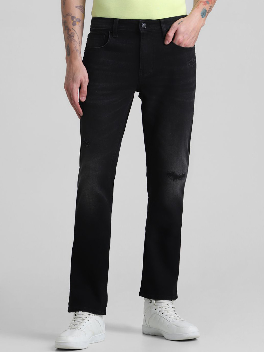 

Jack & Jones Men Mid-Rise Mildly Distressed Light Fade Stretchable Jeans, Black