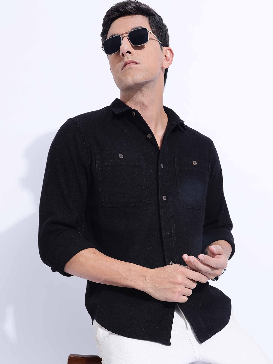 

HERE&NOW Men Cutaway Collar Solid Cotton Casual Shirt, Black