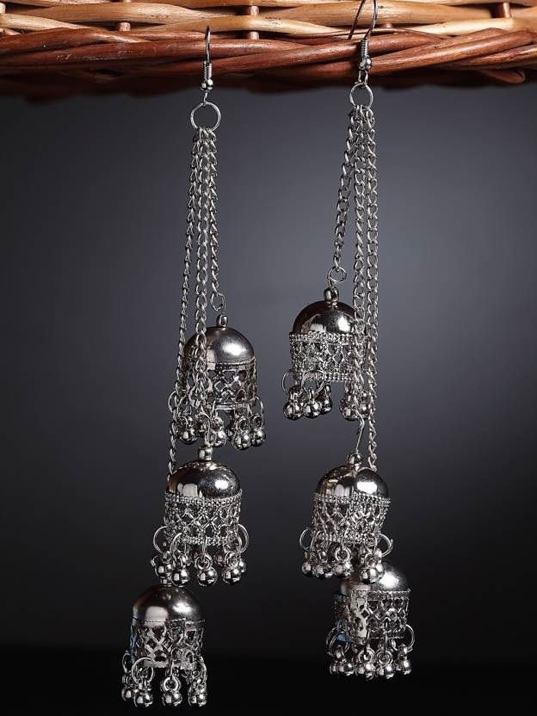 

JMBW INTERNATIONAL Artificial Beads Beaded Dome Shaped Oxidised Jhumkas, Silver