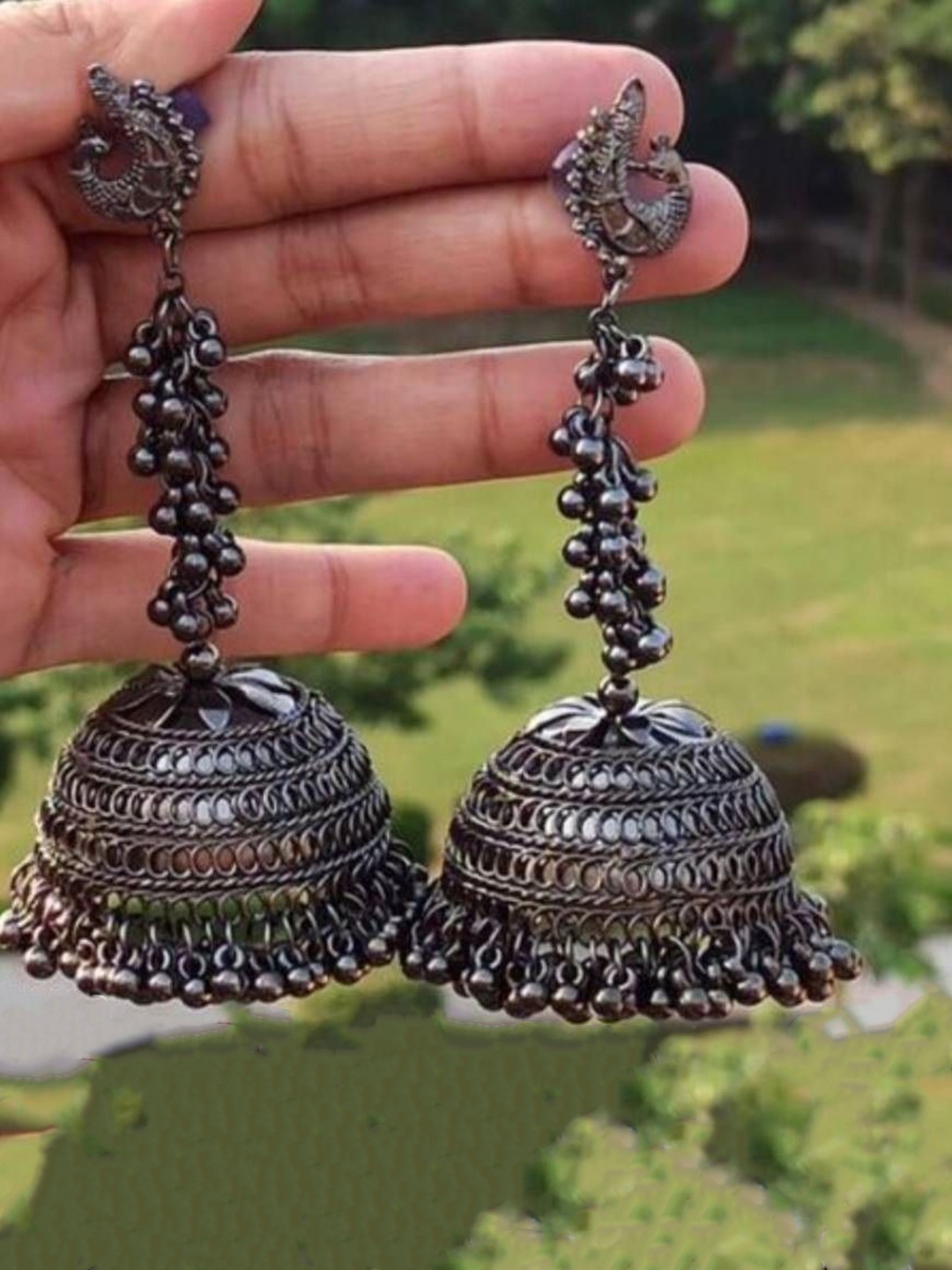 

JMBW INTERNATIONAL Artificial Beaded Dome Shaped Oxidised Jhumkas, Silver