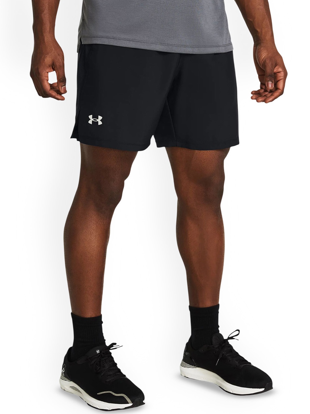 UNDER ARMOUR Men UA Launch Unlined Brand Logo Printed Mid-Rise Regular Fit Shorts, Black