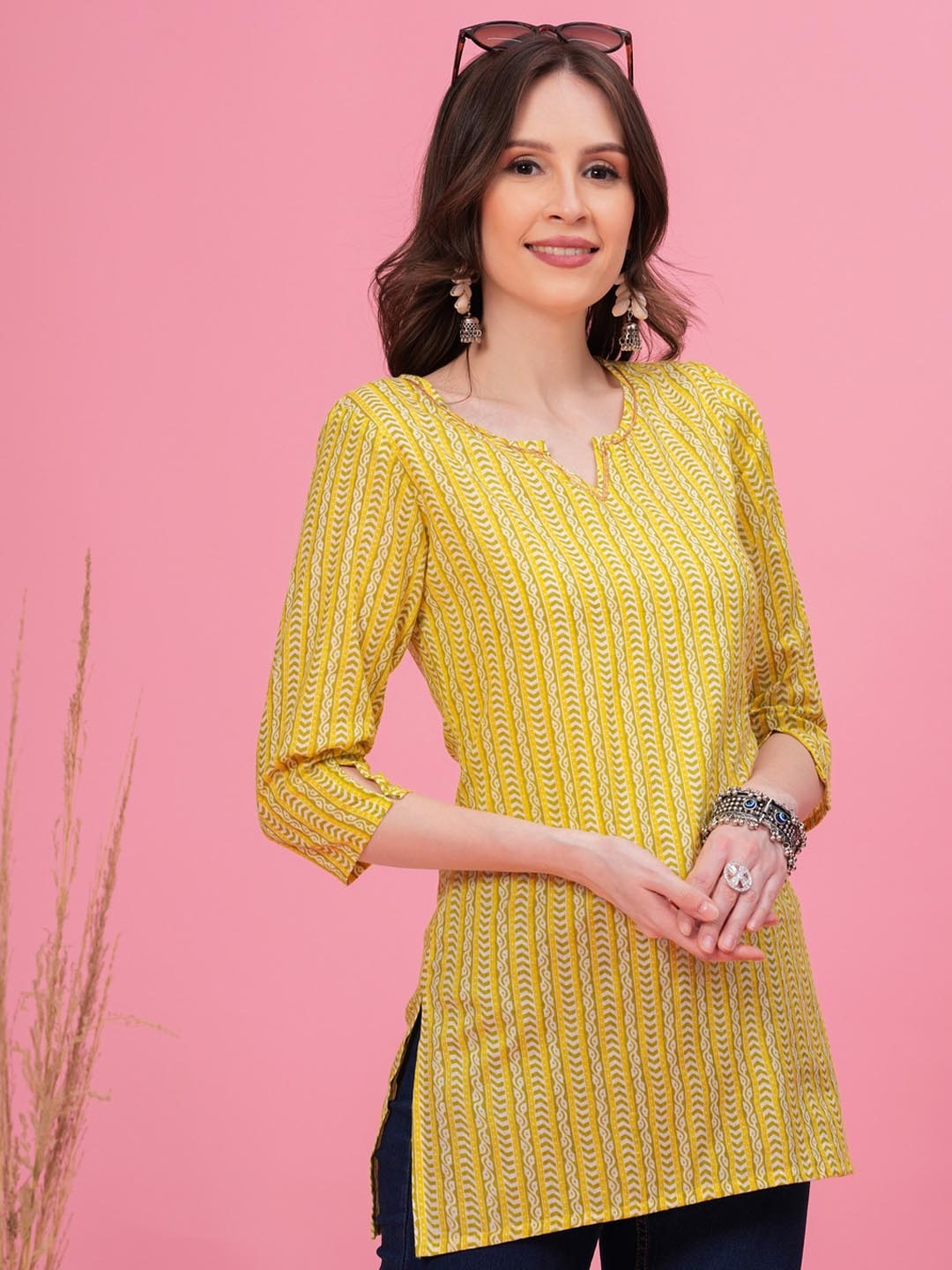 

Vilgi Printed Pure Cotton A-Line Kurti, Yellow