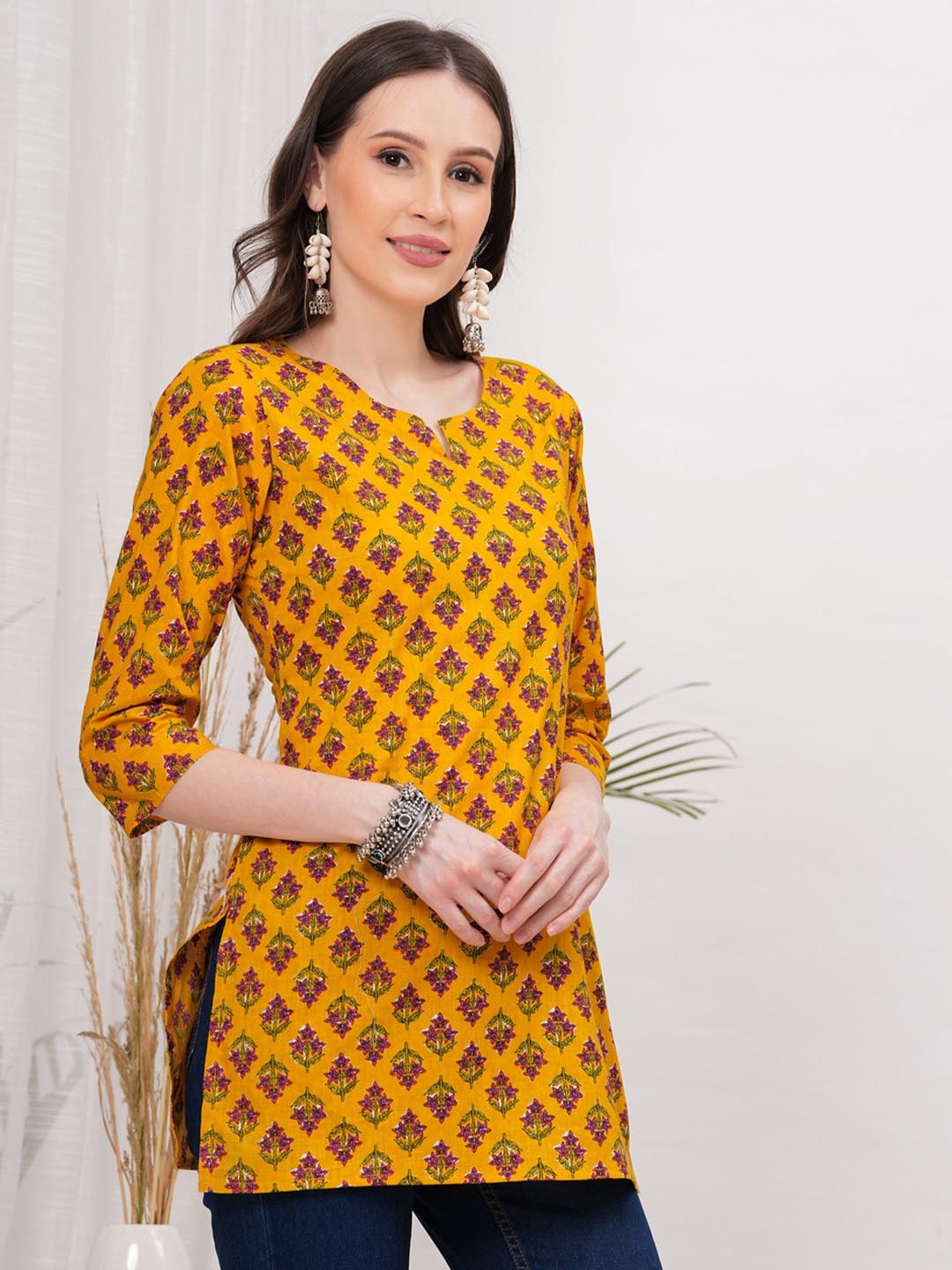 

Vilgi Women Printed Pure Cotton Kurti, Mustard
