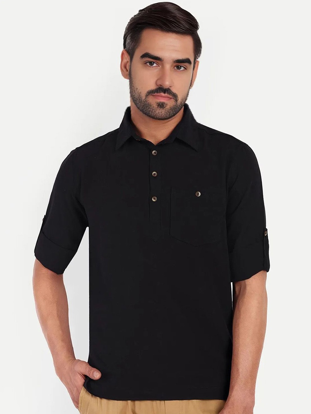 

univibe Shirt Collar Pure Cotton Short Kurta, Black