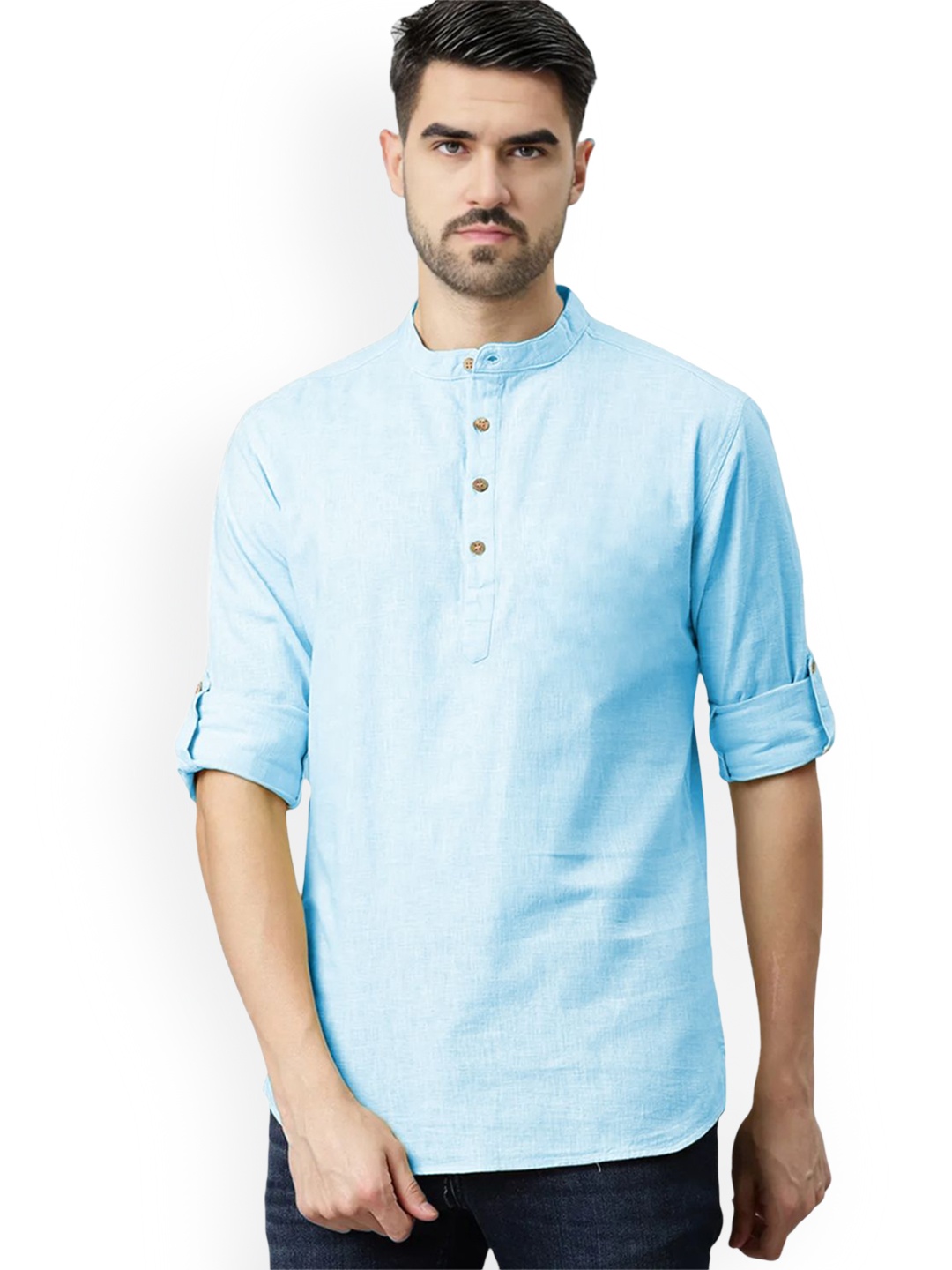 

univibe Band Collar Pure Cotton Short Kurta, Blue