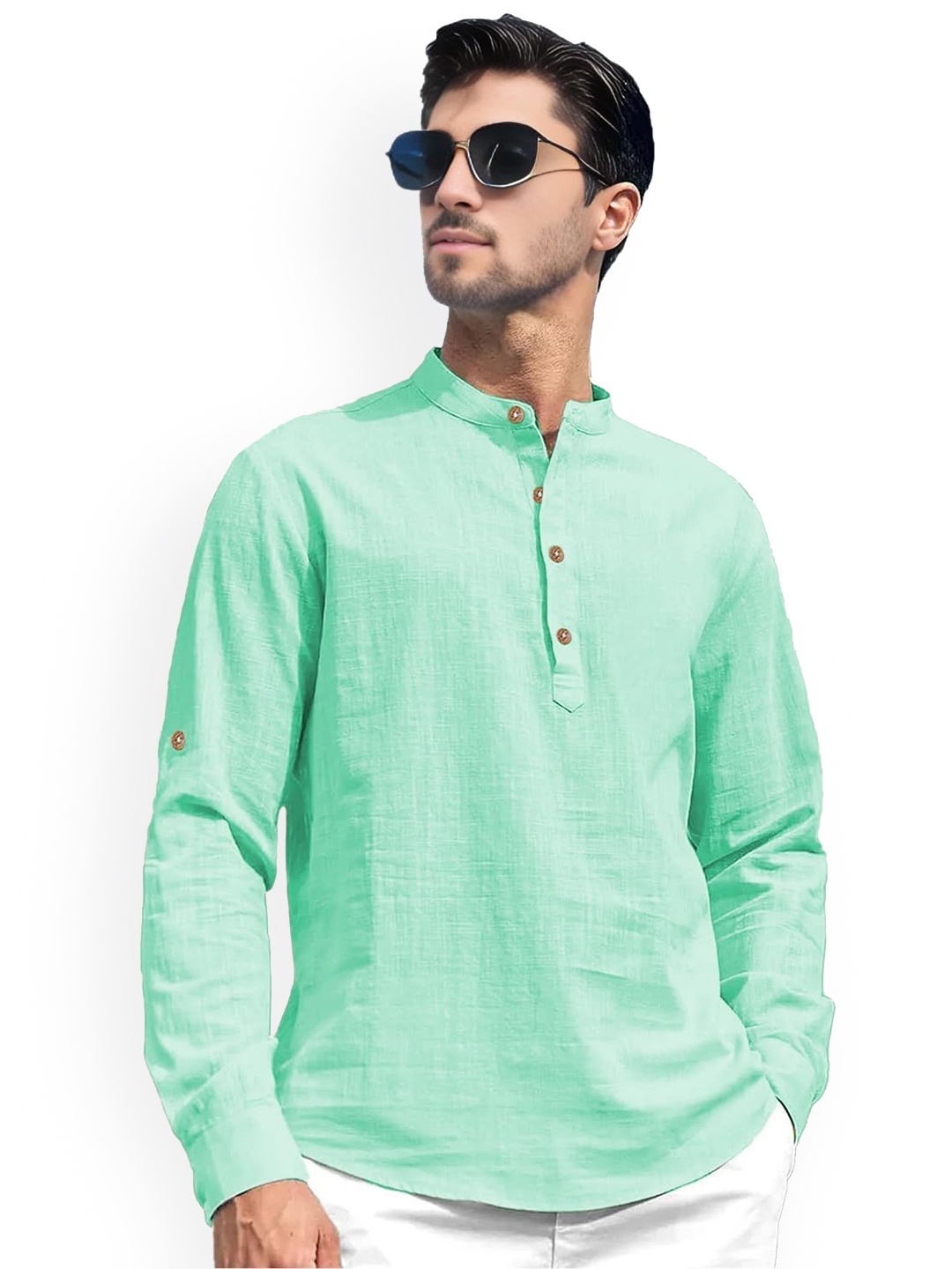 

univibe Band Collar Pure Cotton Short Kurta, Green