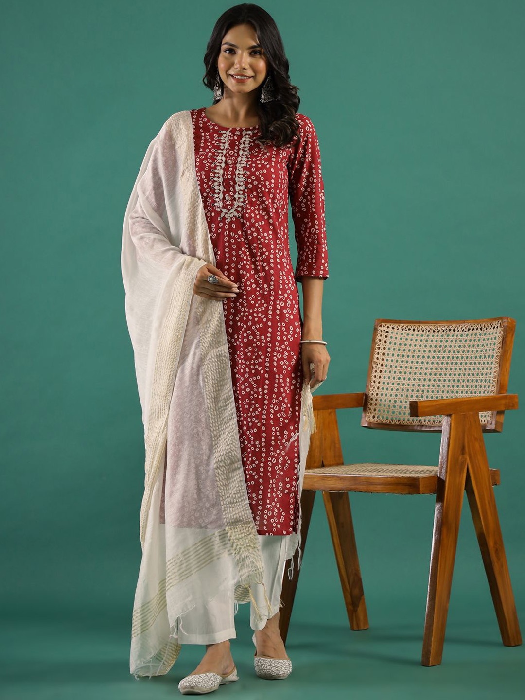 

RangDeep Bandhani Printed Gotta Patti Cotton Straight Kurta, Red