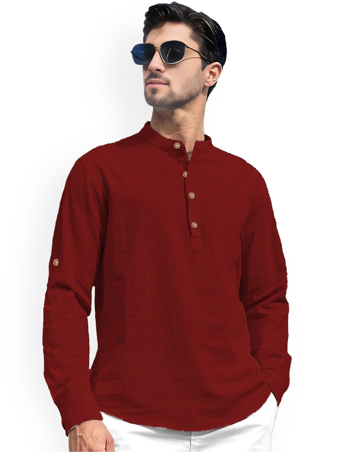 

univibe Band Collar Pure Cotton Short Kurta, Maroon