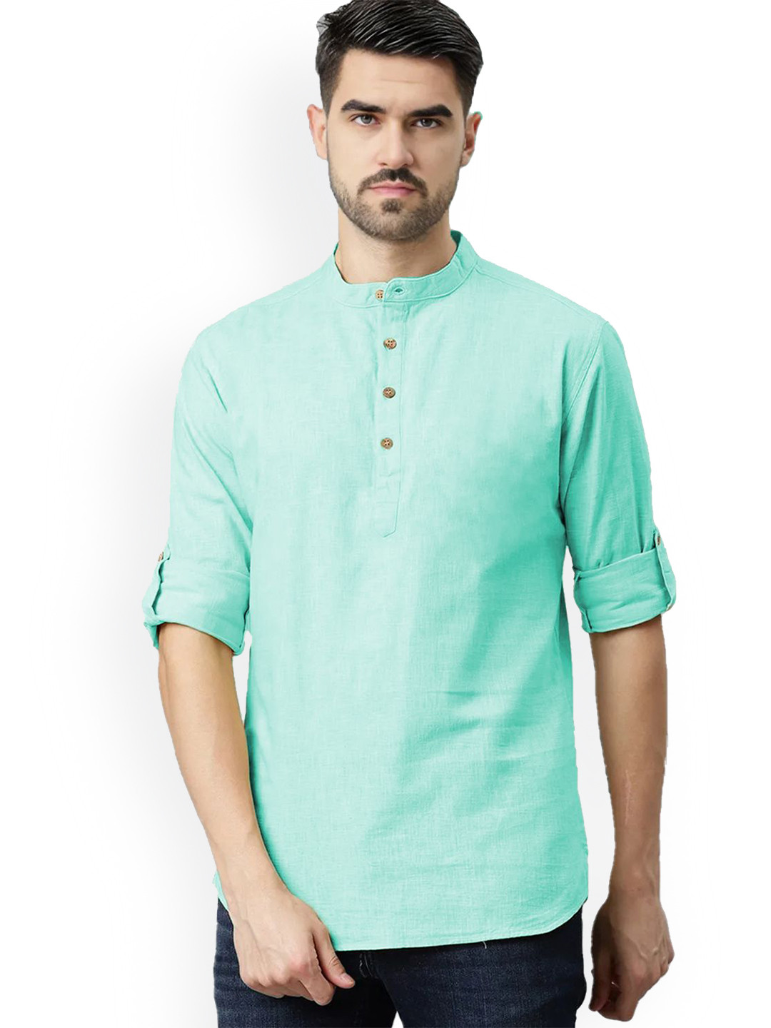 

univibe Band Collar Pure Cotton Short Kurta, Sea green