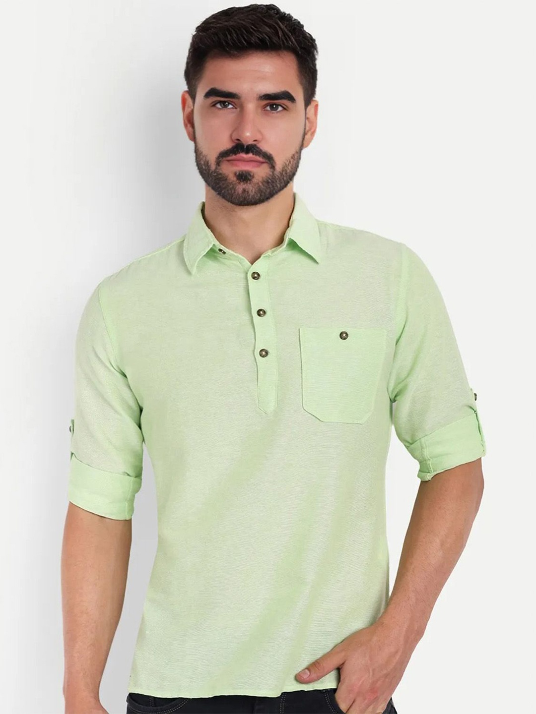 

univibe Shirt Collar Pure Cotton Short Kurta, Sea green