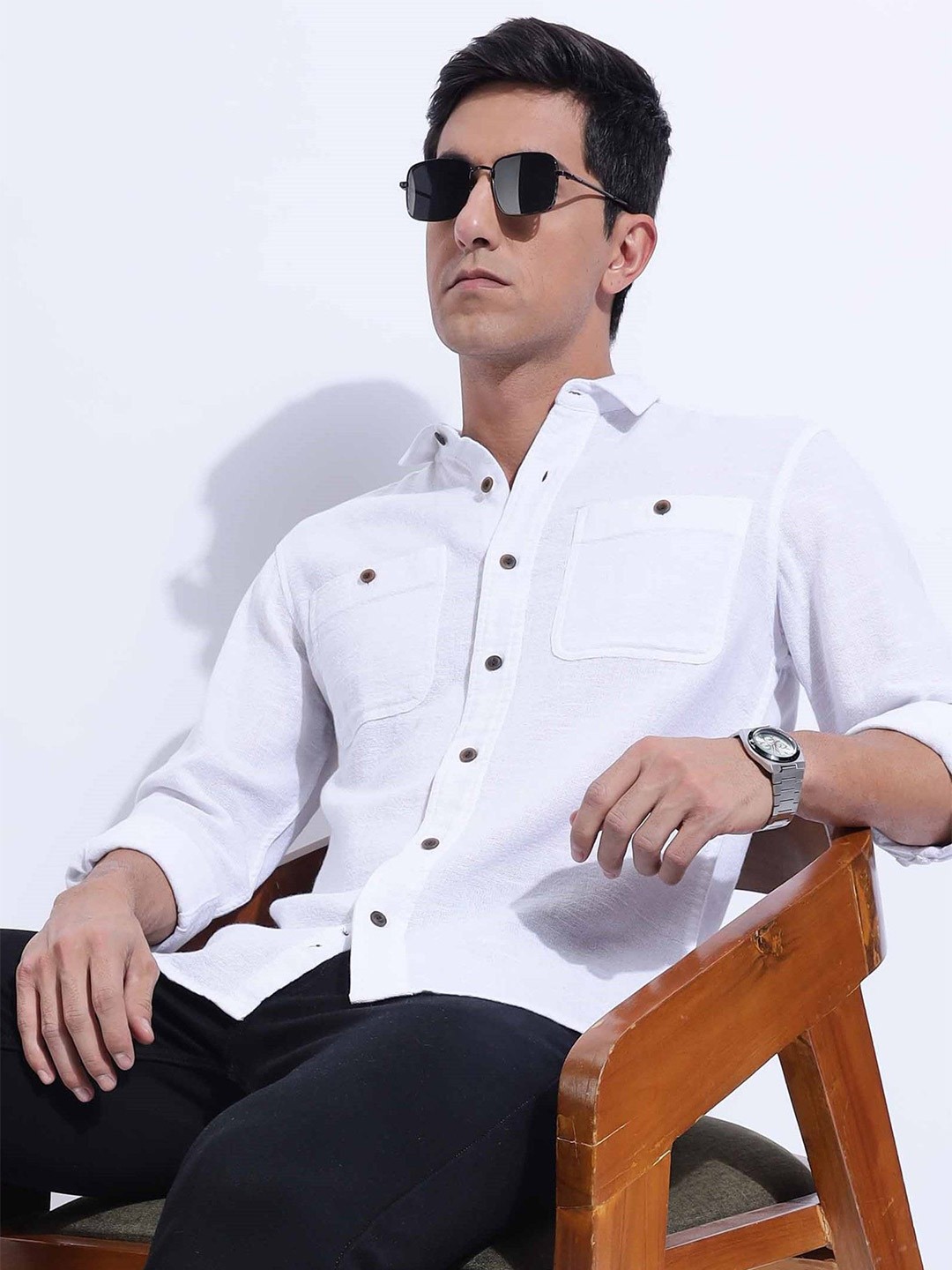

HERE&NOW Men Spread Collar Textured Cotton Casual Shirt, White
