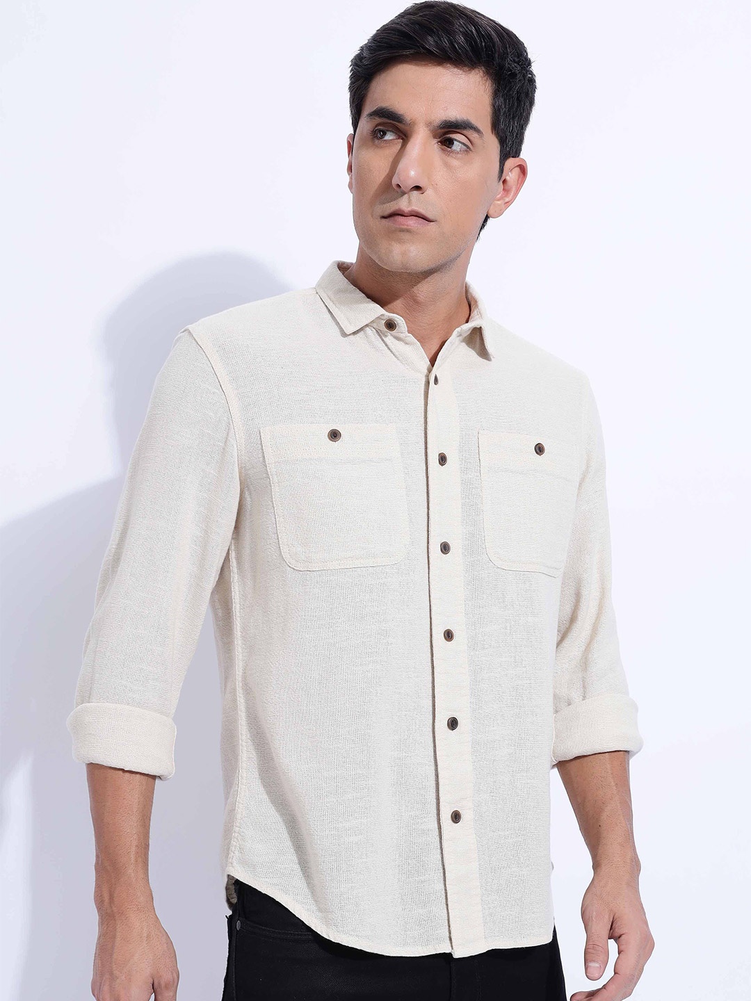 

HERE&NOW Men Spread Collar Solid Cotton Casual Shirt, Cream