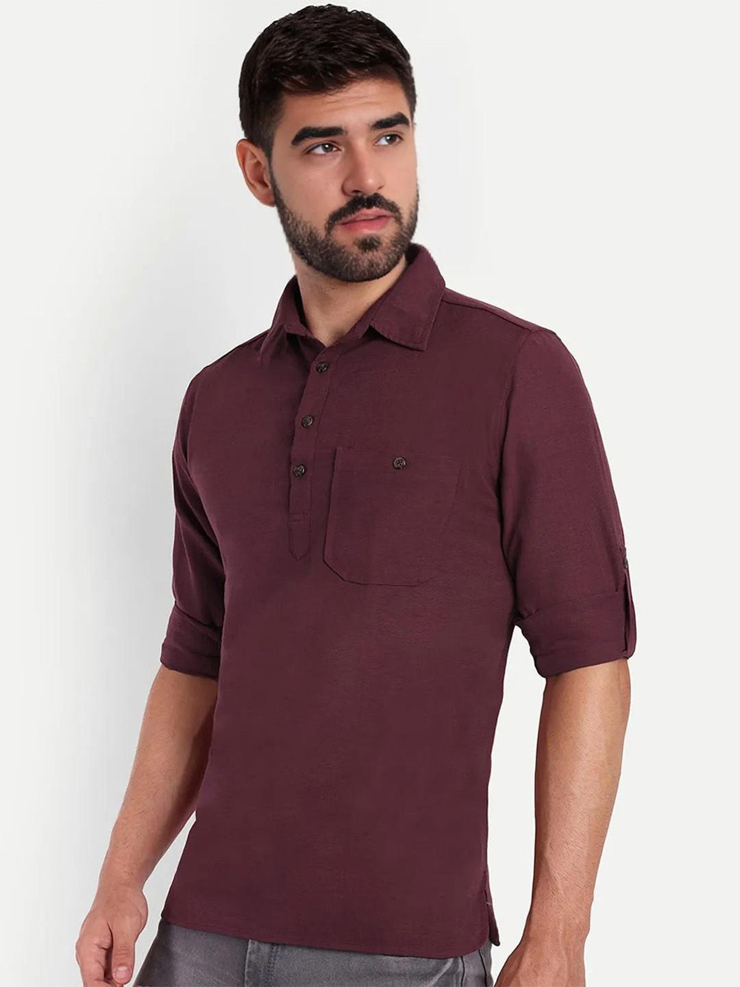 

univibe Shirt Collar Pure Cotton Short Kurta, Maroon