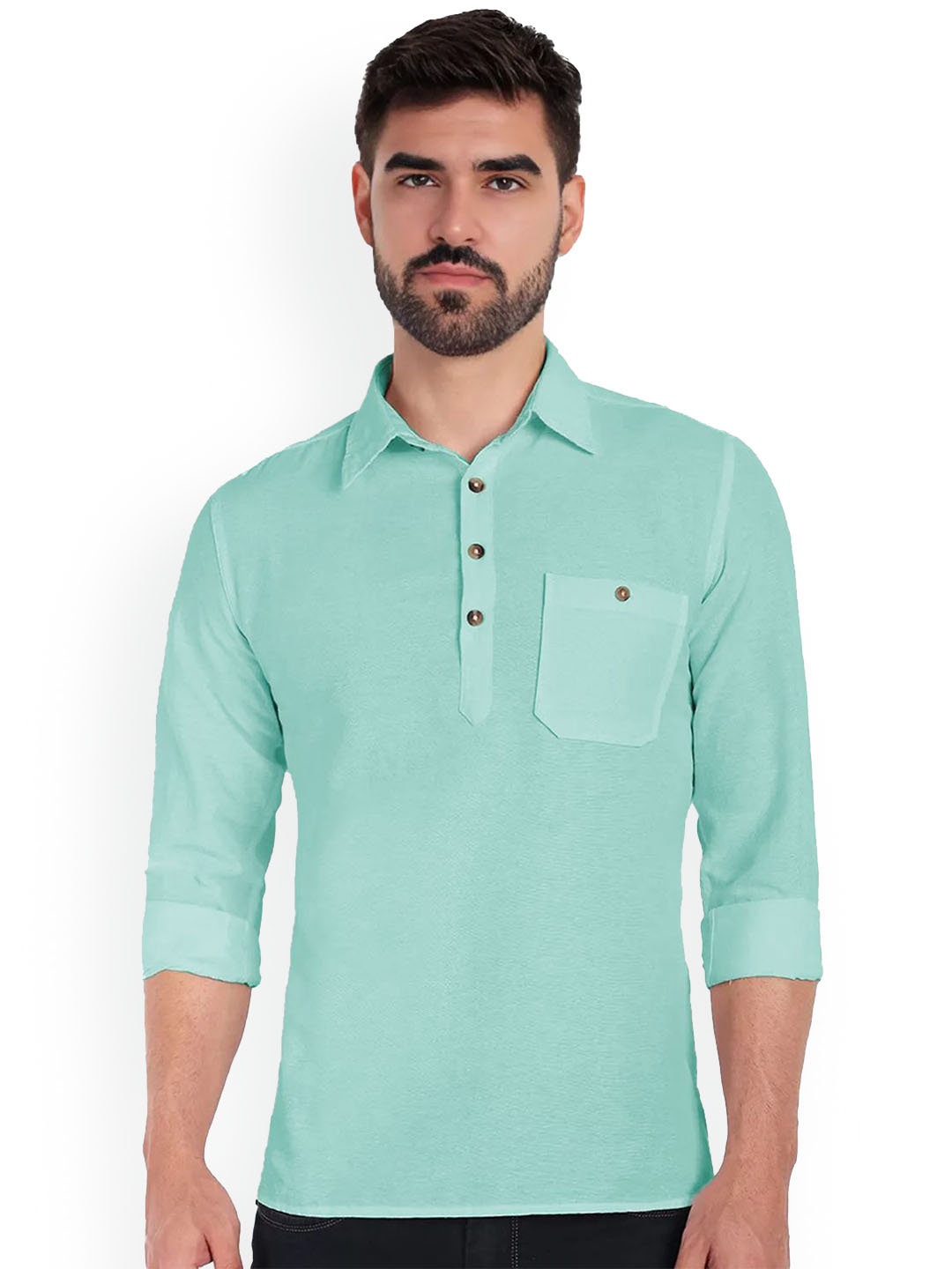 

univibe Shirt Collar Pure Cotton Short Kurta, Green