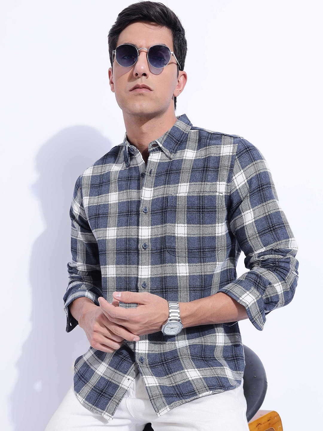 

HERE&NOW Men Slim Fit Button-Down Collar Tartan Checked Cotton Casual Shirt, Blue