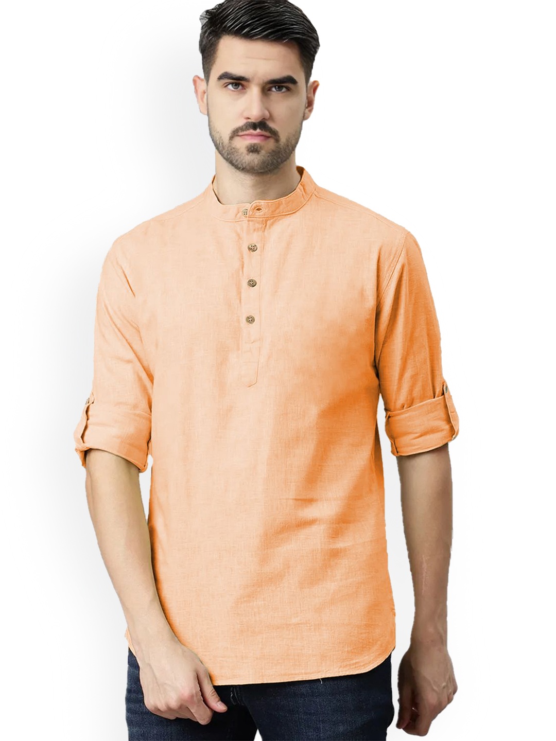 

univibe Band Collar Pure Cotton Short Kurta, Orange