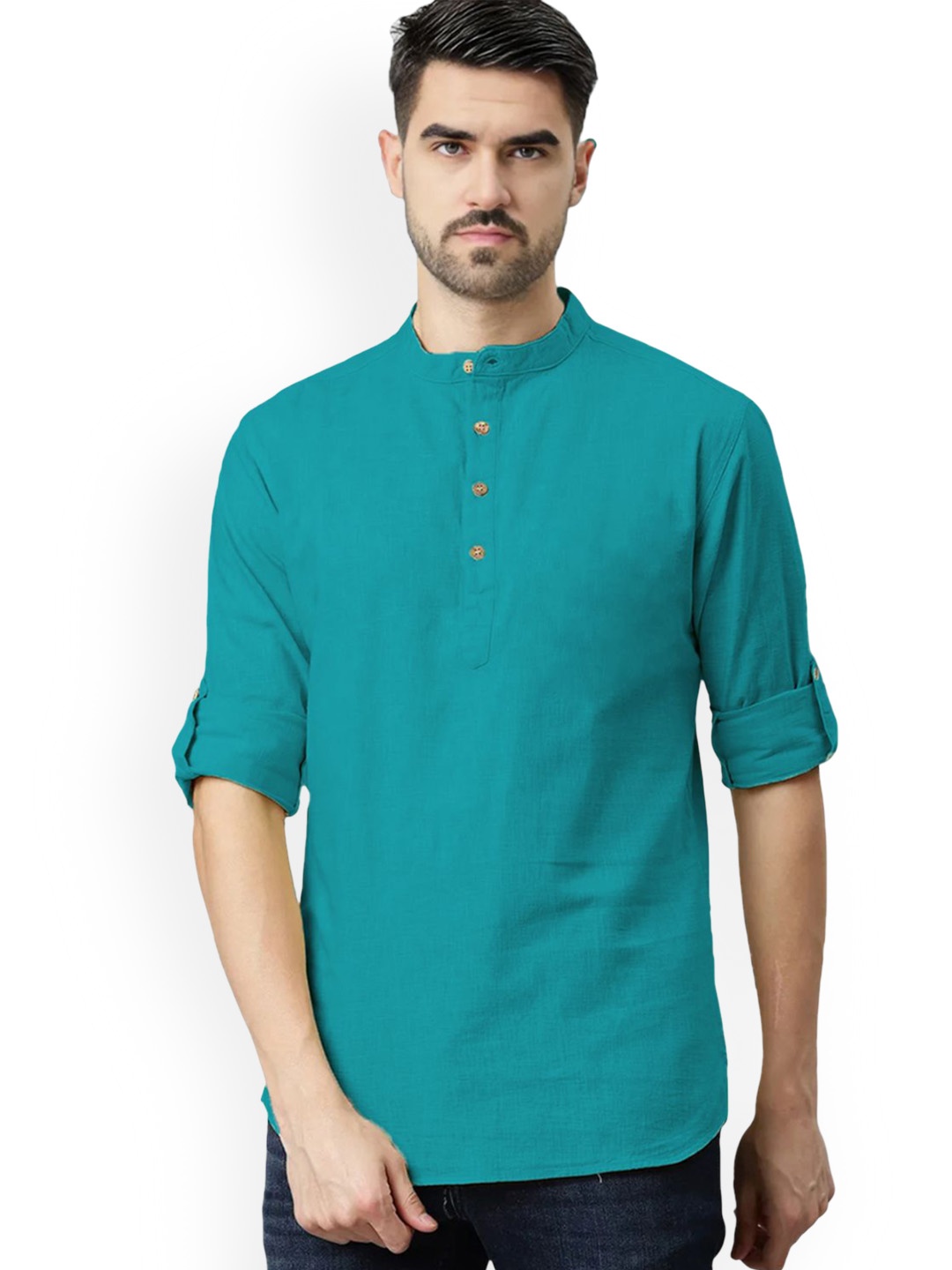 

univibe Band Collar Pure Cotton Short Kurta, Turquoise blue