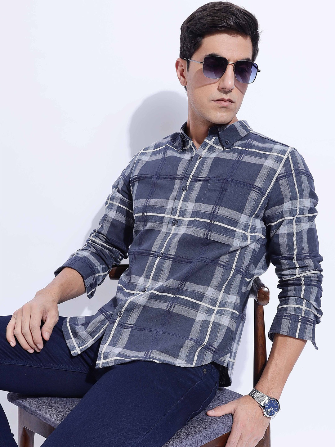 

HERE&NOW Men Slim Fit Button-Down Collar Tartan Checked Cotton Casual Shirt, Navy blue