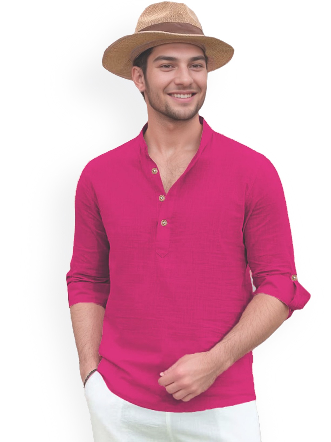 

univibe Band Collar Pure Cotton Short Kurta, Pink