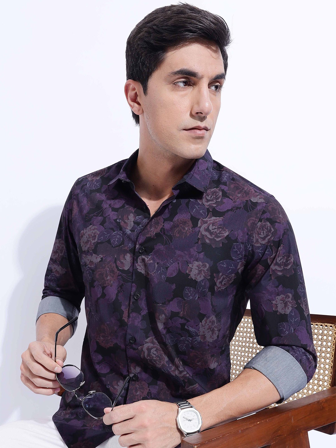 

HERE&NOW Men Slim Fit Spread Collar Floral Printed Cotton Casual Shirt, Purple