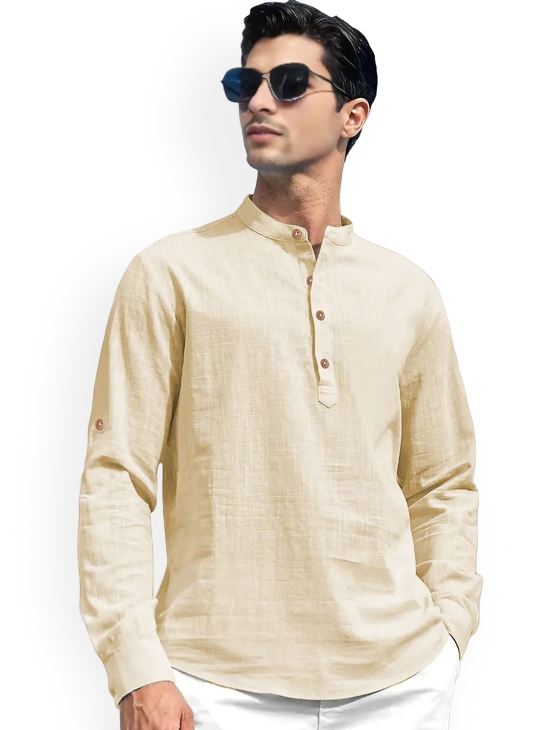 

univibe Band Collar Pure Cotton Short Kurta, Beige