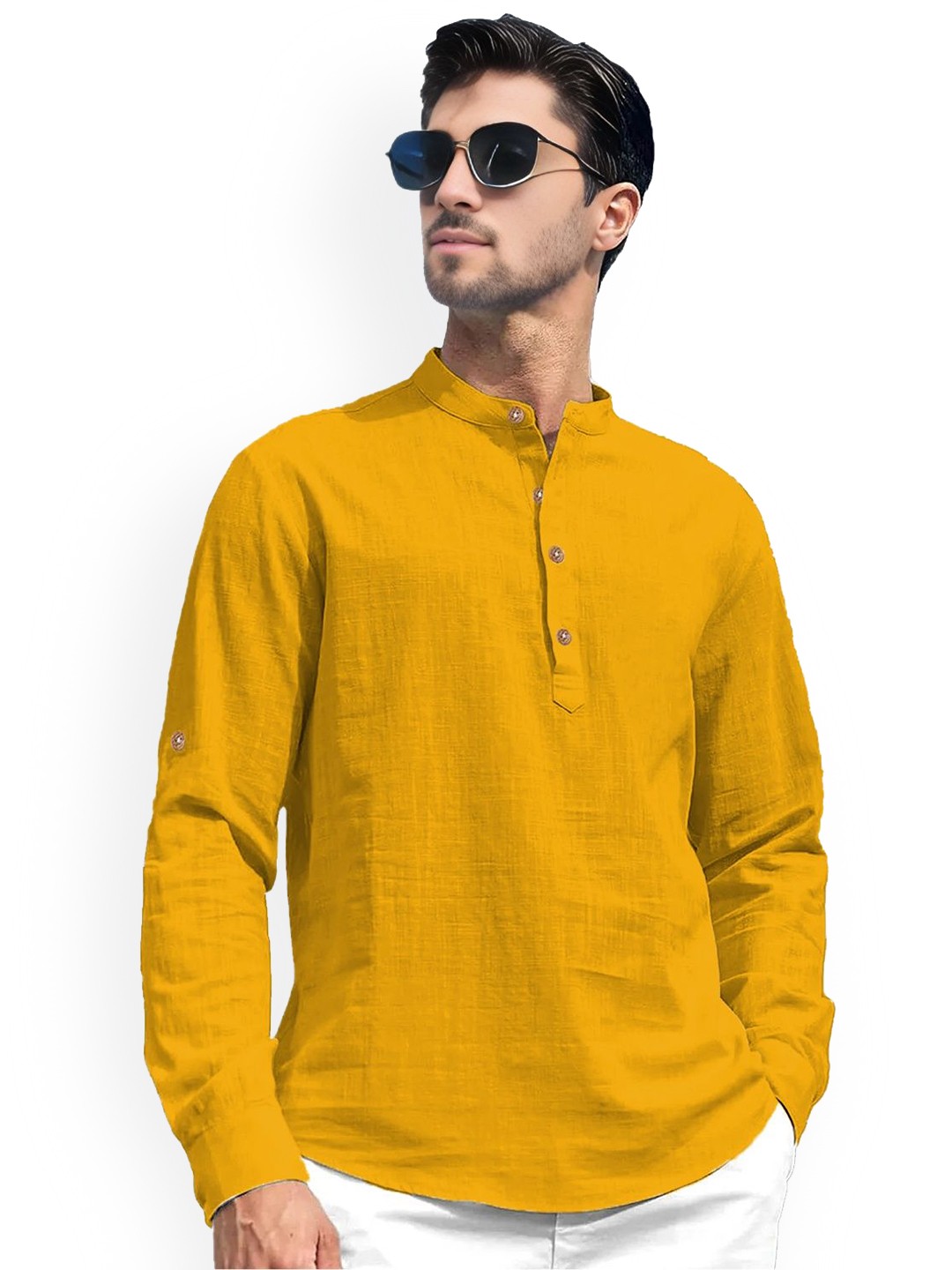 

univibe Band Collar Pure Cotton Short Kurta, Yellow