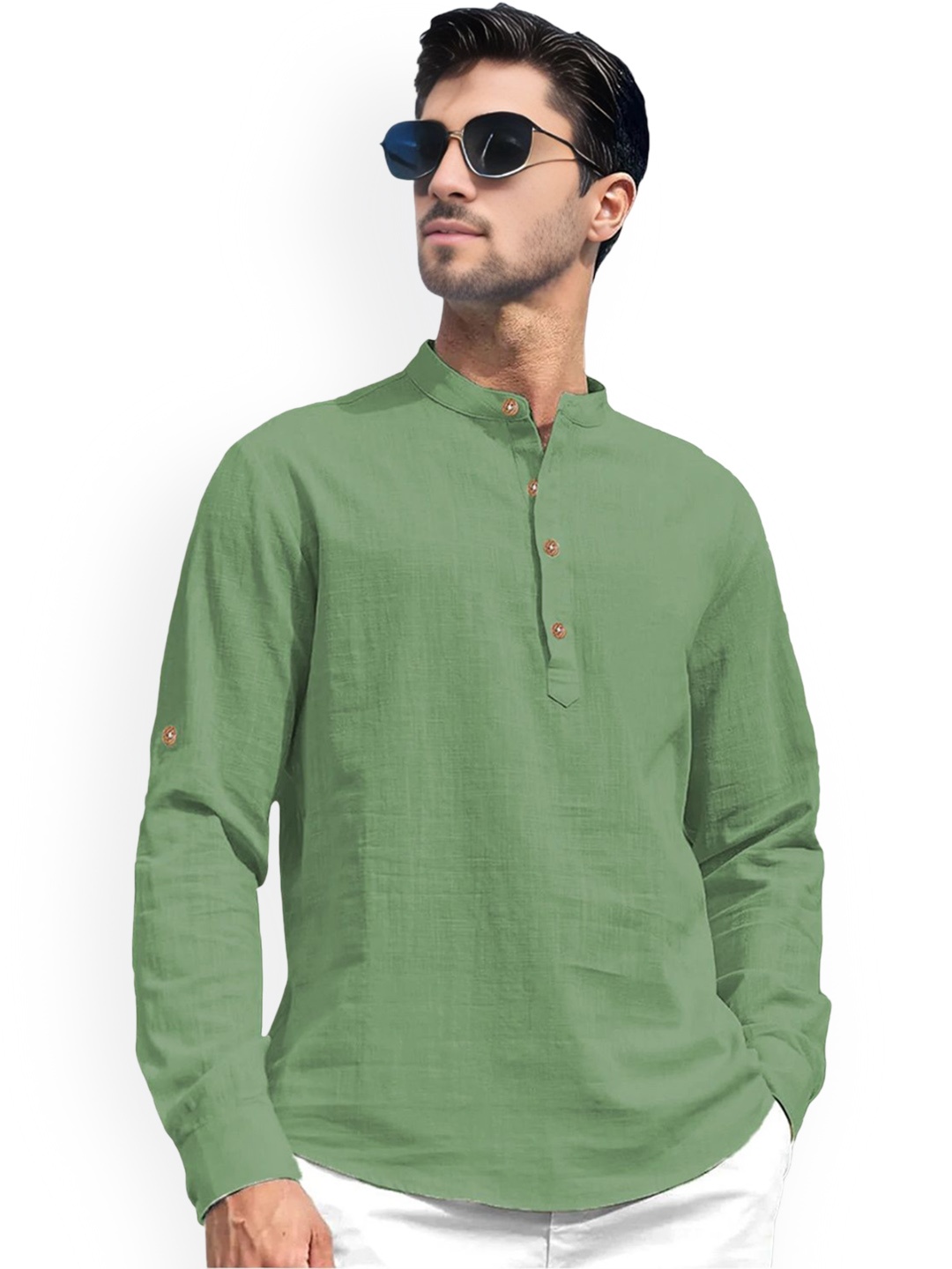 

univibe Band Collar Pure Cotton Short Kurta, Green