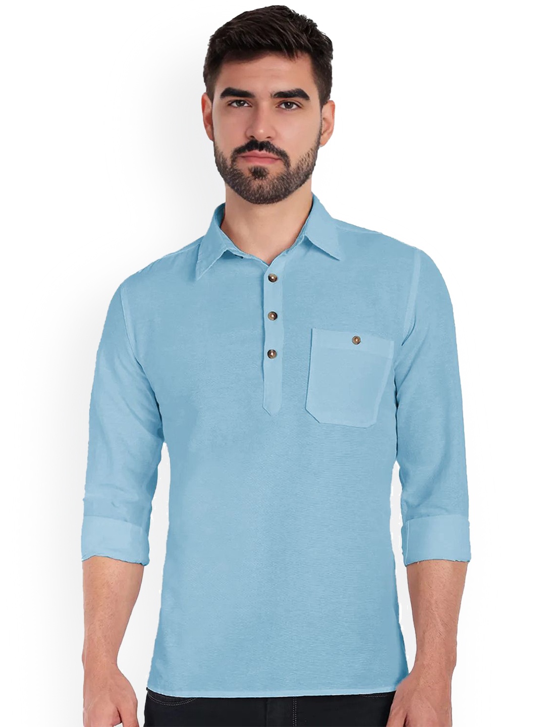 

univibe Shirt Collar Pure Cotton Short Kurta, Blue