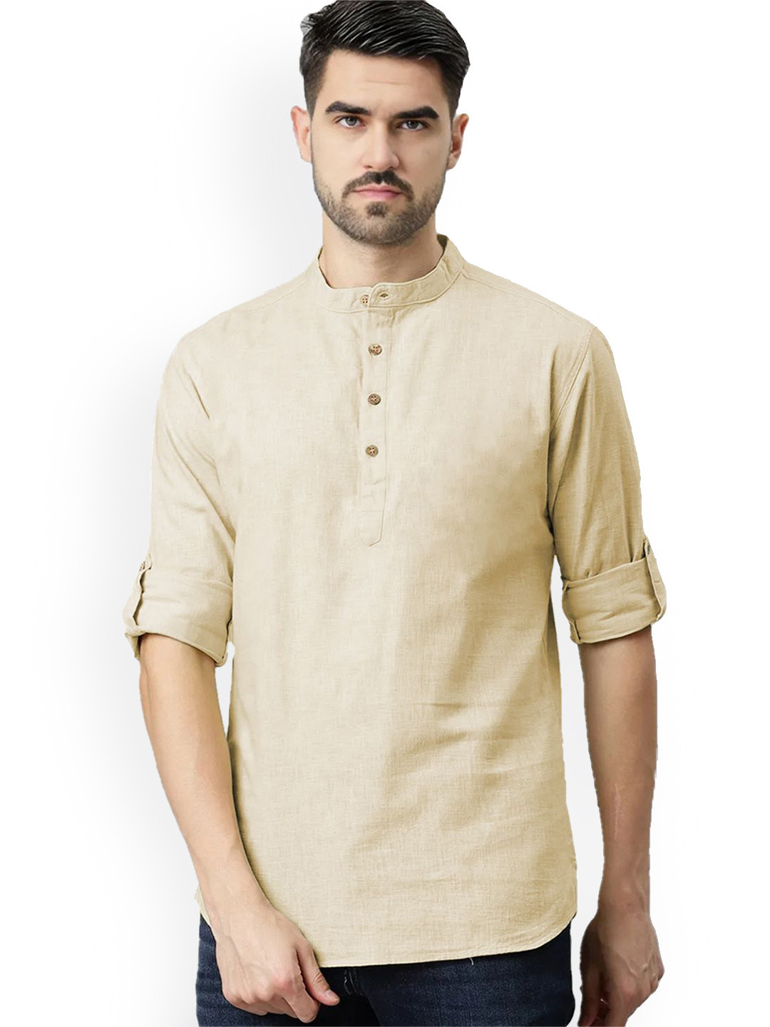 

univibe Band Collar Pure Cotton Short Kurta, Beige