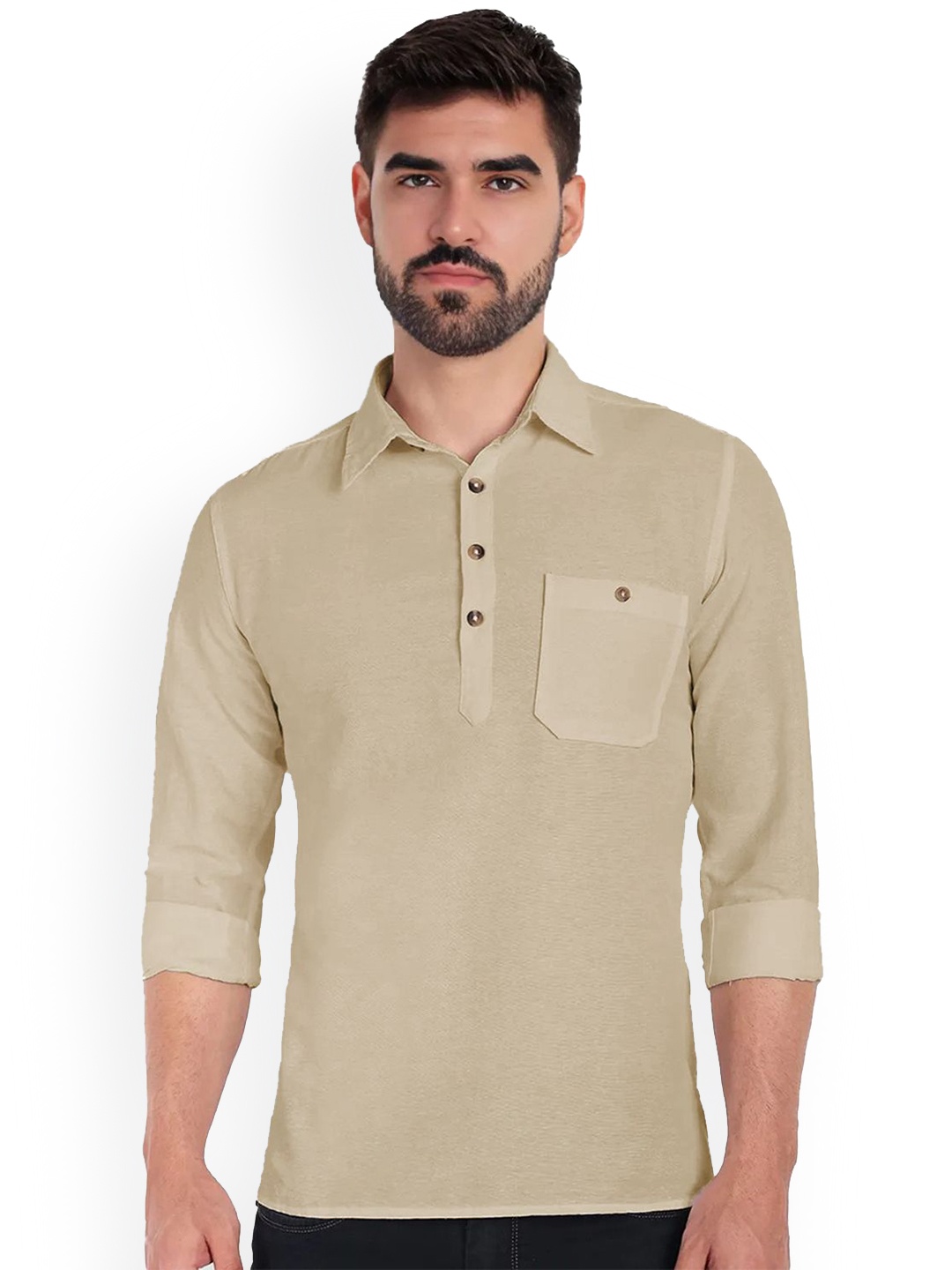 

univibe Shirt Collar Pure Cotton Short Kurta, Beige