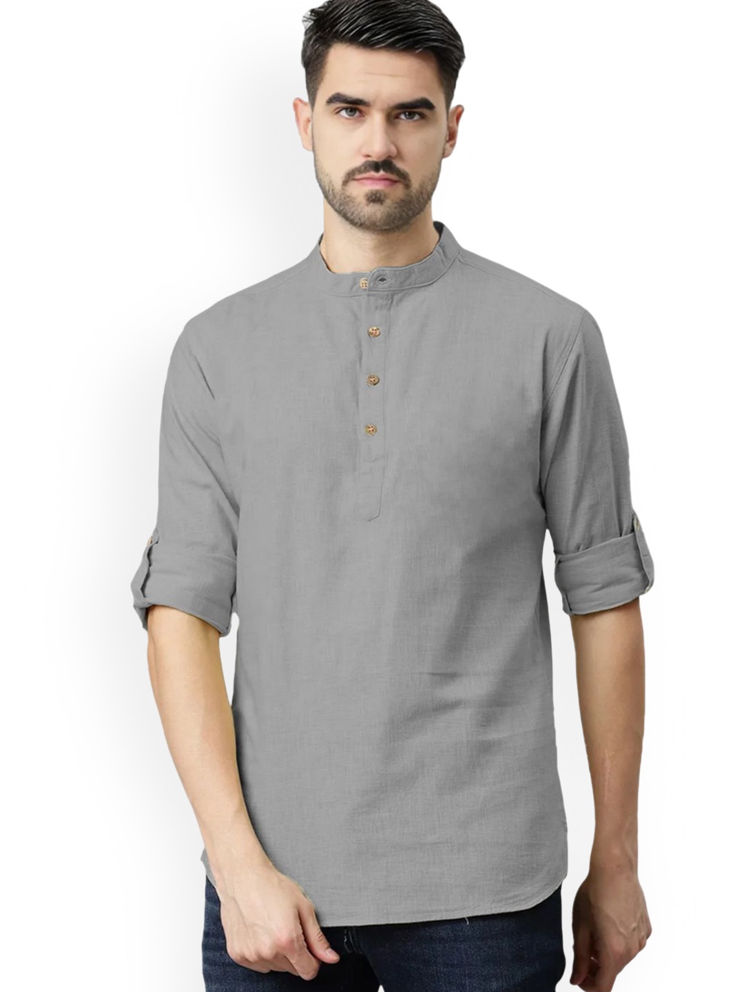 

univibe Band Collar Pure Cotton Short Kurta, Grey