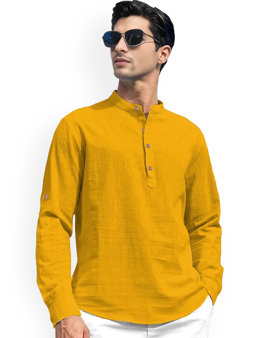 

univibe Band Collar Pure Cotton Short Kurta, Yellow