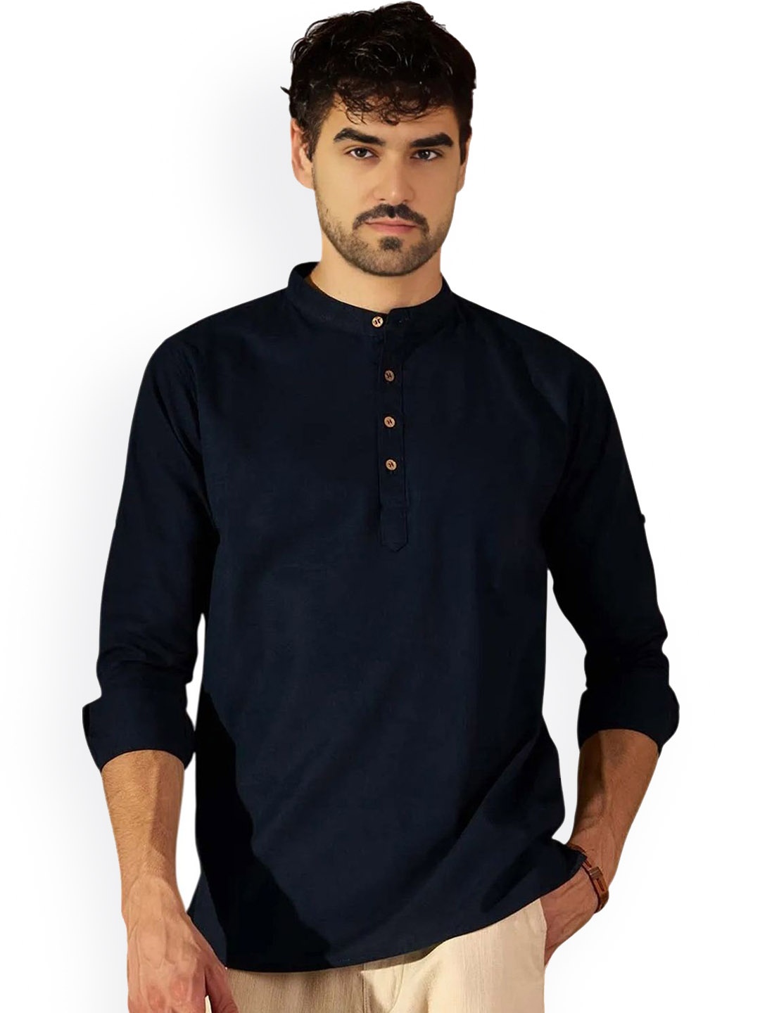 

univibe Band Collar Pure Cotton Short Kurta, Navy blue