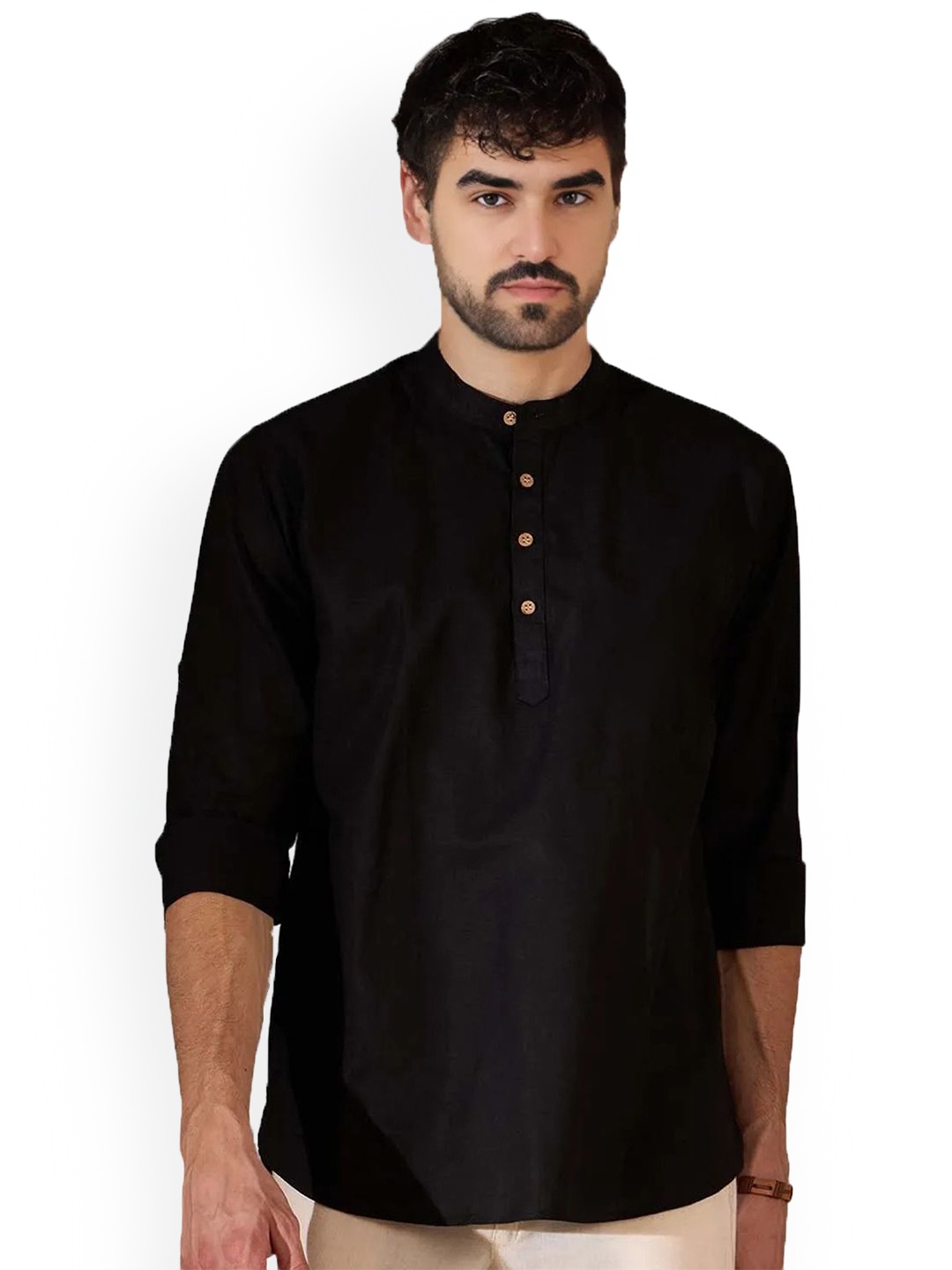 

univibe Band Collar Pure Cotton Short Kurta, Black