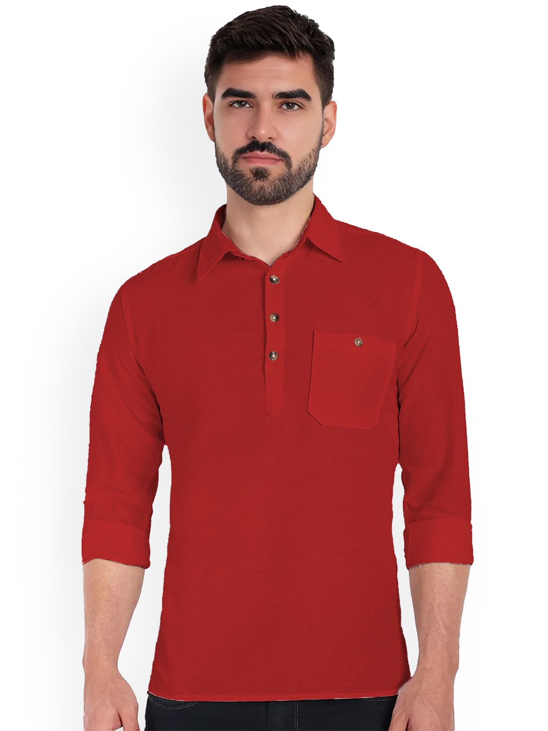 

univibe Shirt Collar Pure Cotton Short Kurta, Red