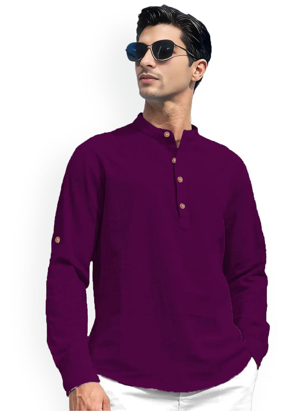 

univibe Band Collar Pure Cotton Short Kurta, Purple