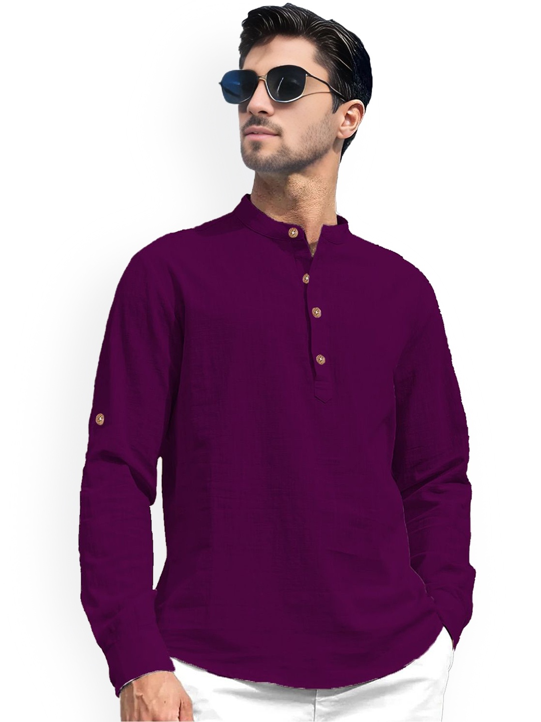 

univibe Band Collar Pure Cotton Short Kurta, Purple