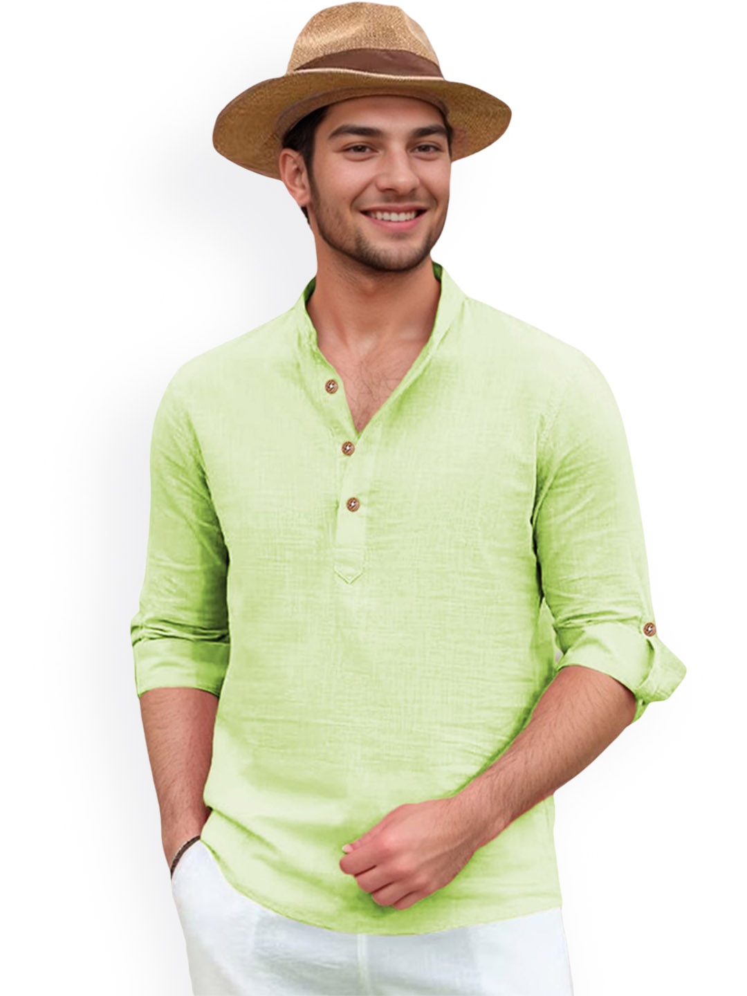

univibe Band Collar Pure Cotton Short Kurta, Sea green