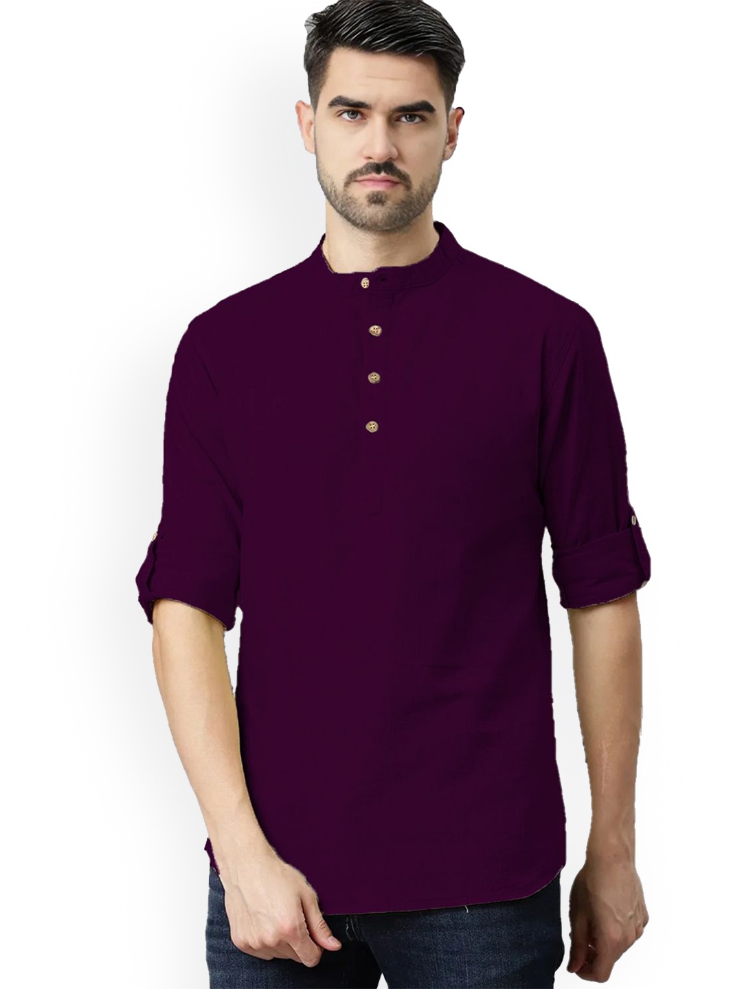 

univibe Band Collar Pure Cotton Short Kurta, Purple