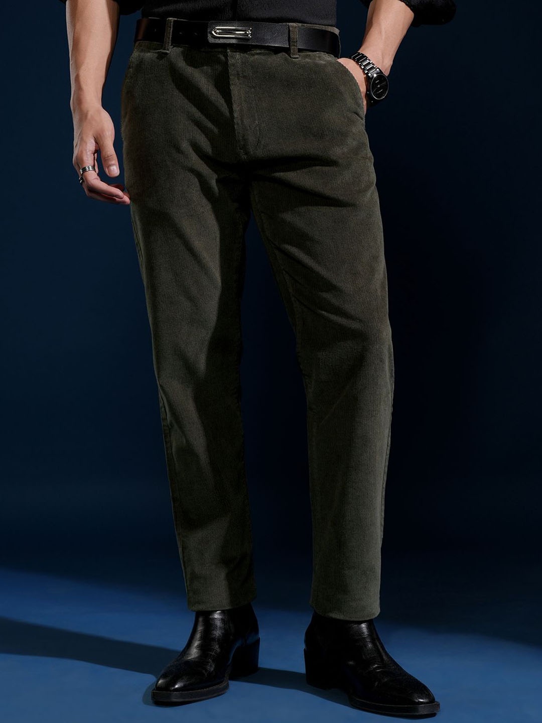 

HIGHLANDER Men Cotton Slim Fit Trousers, Olive