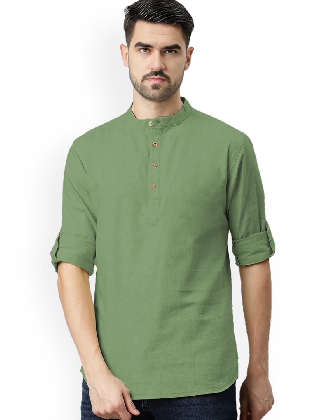 

univibe Band Collar Pure Cotton Short Kurta, Khaki