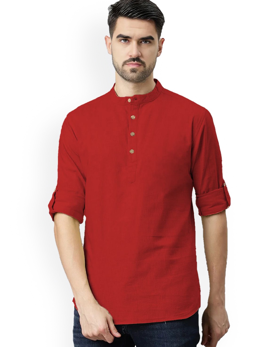 

univibe Band Collar Cotton Straight Short Kurta, Red