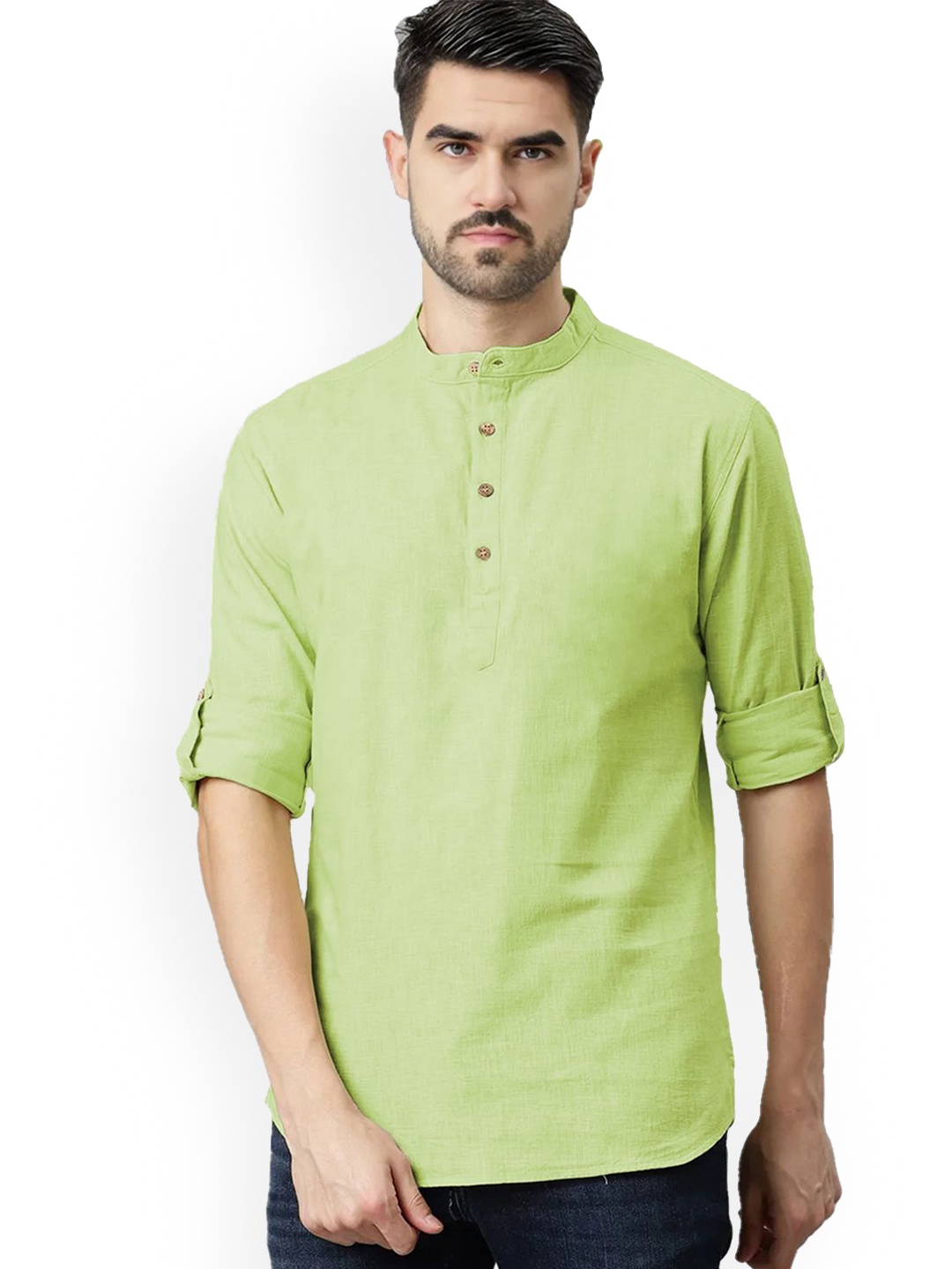 

univibe Band Collar Pure Cotton Short Kurta, Green