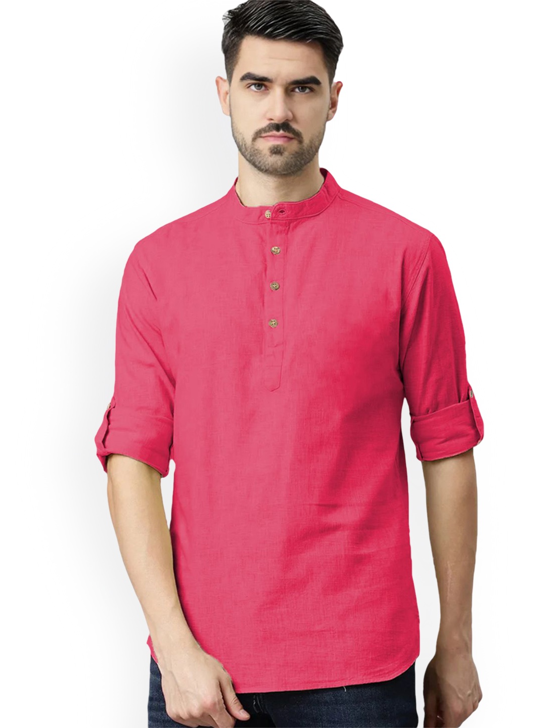 

univibe Band Collar Pure Cotton Short Kurta, Pink