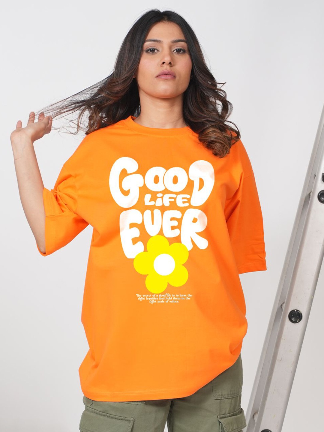 

Bloopers Store Women Typography Printed Round Neck Cotton Oversized T-shirt, Orange