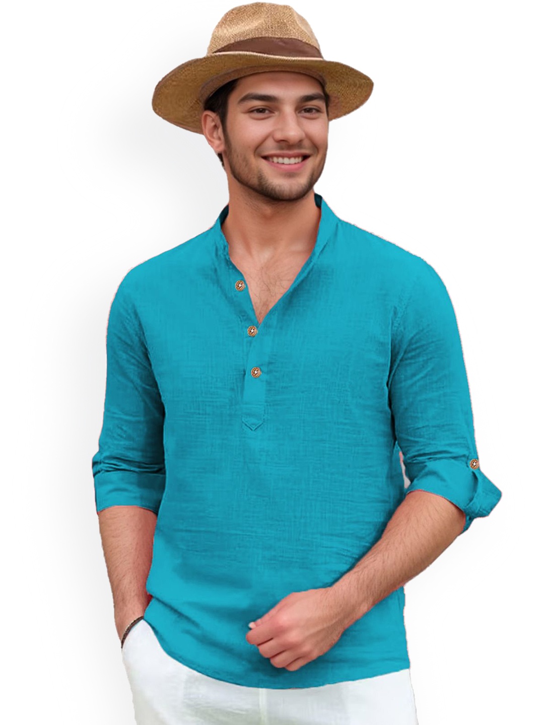 

univibe Band Collar Pure Cotton Short Kurta, Turquoise blue