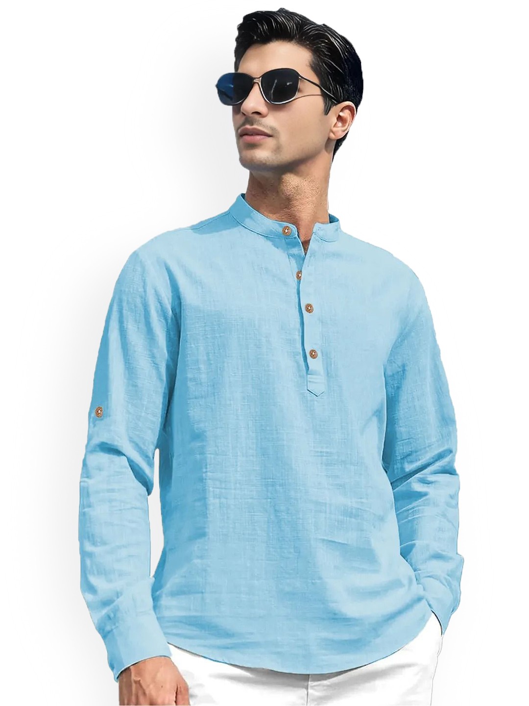 

univibe Band Collar Pure Cotton Short Kurta, Blue