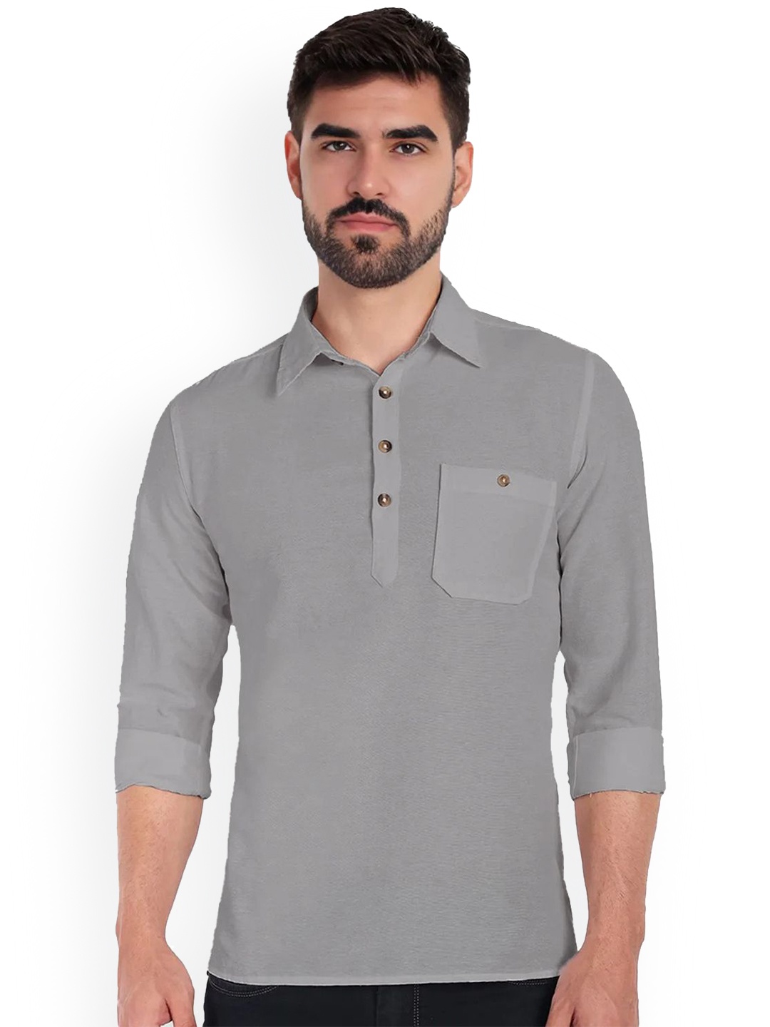 

univibe Shirt Collar Pure Cotton Short Kurta, Grey