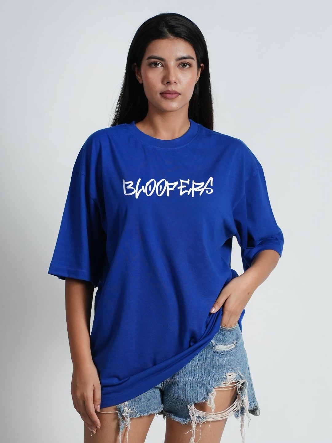 

Bloopers Store Women Typography Printed Round Neck Cotton Oversized T-shirt, Blue